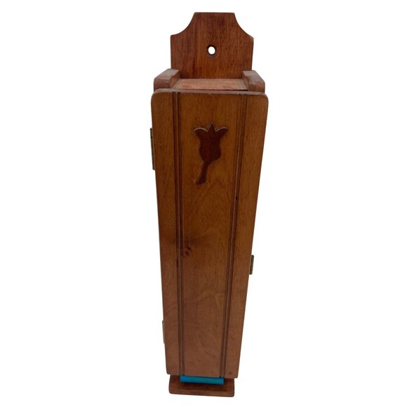 Vintage Wooden Wall-Mounted Match Holder With Hinged Door & Decorative Tulip Cut - Picture 6 of 7